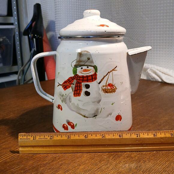 Hallmark White Enamelware Snowman Christmas Decor Stovetop Coffee Pot Mitford - Picture 12 of 13